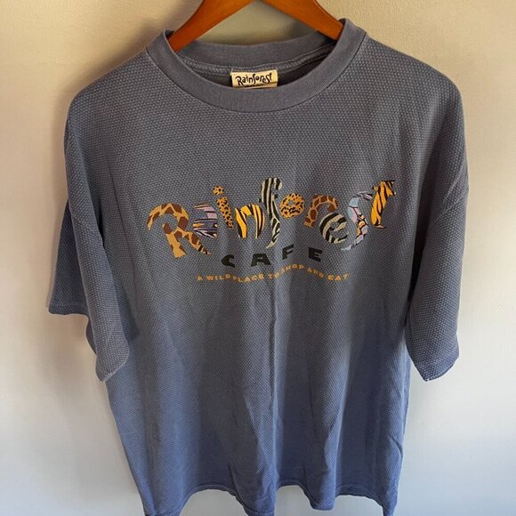 Rainforest Cafe T-Shirt Tee Blue Waffle Material Graphic Sz. XL Made in USA Blue - Picture 2 of 7